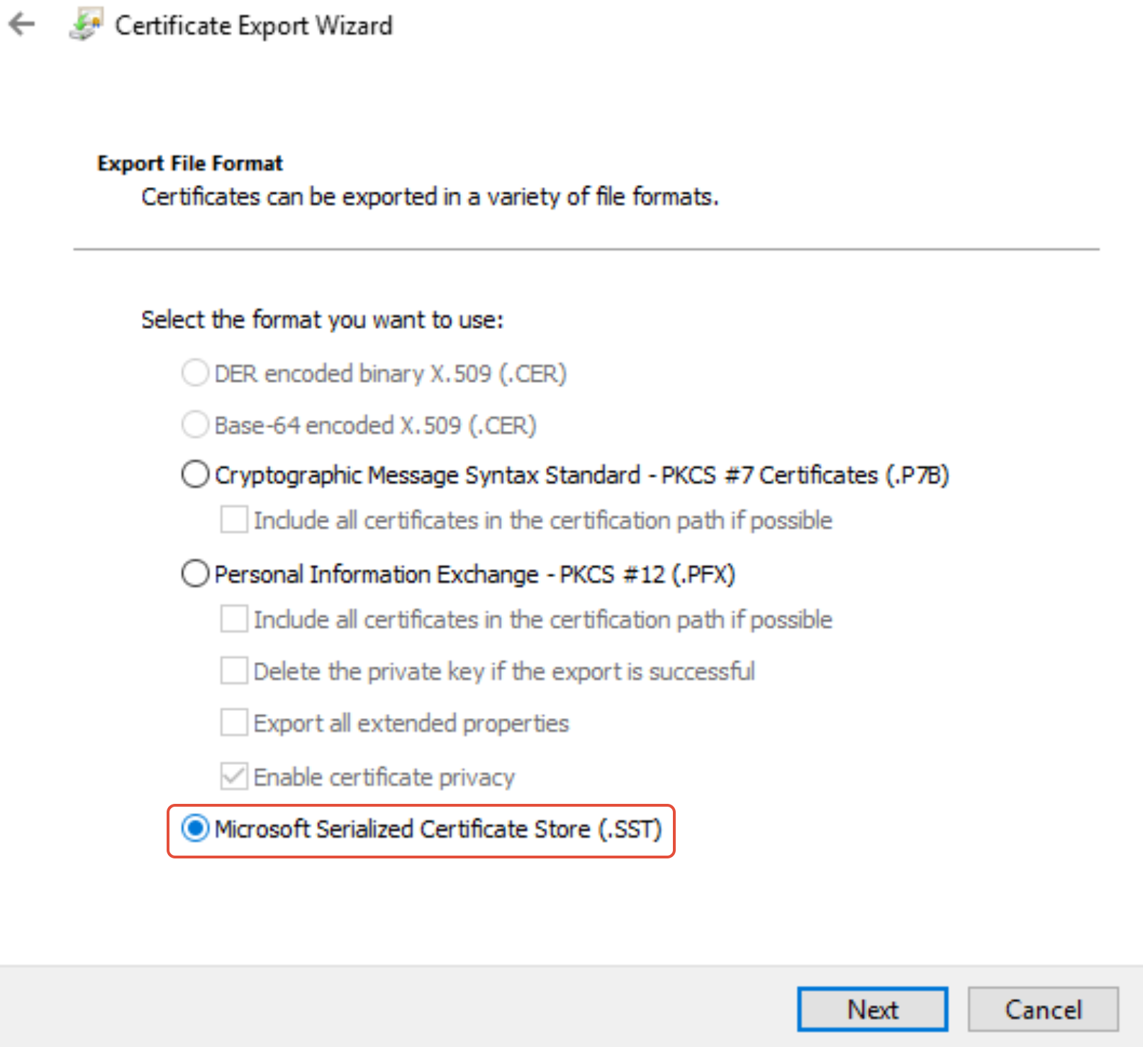 Certificate Export Wizard showing SST file format option