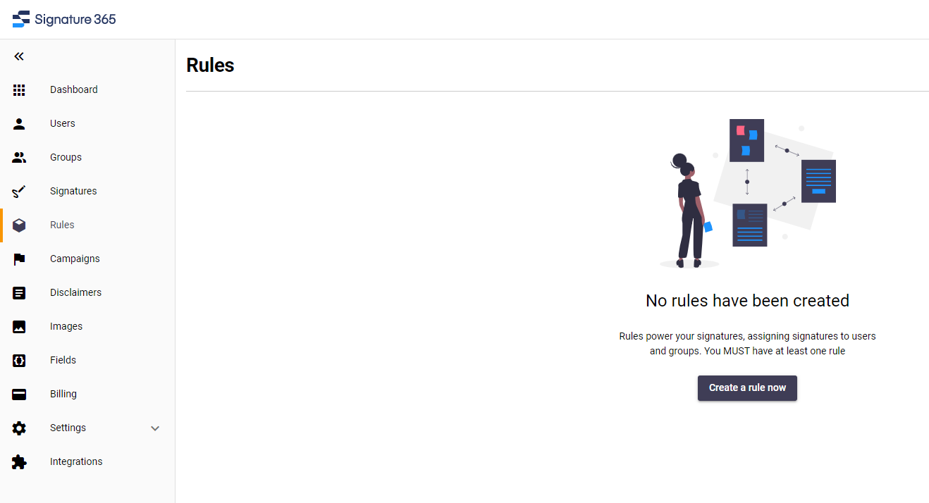 Rules page with no rules and the Create a rule now button