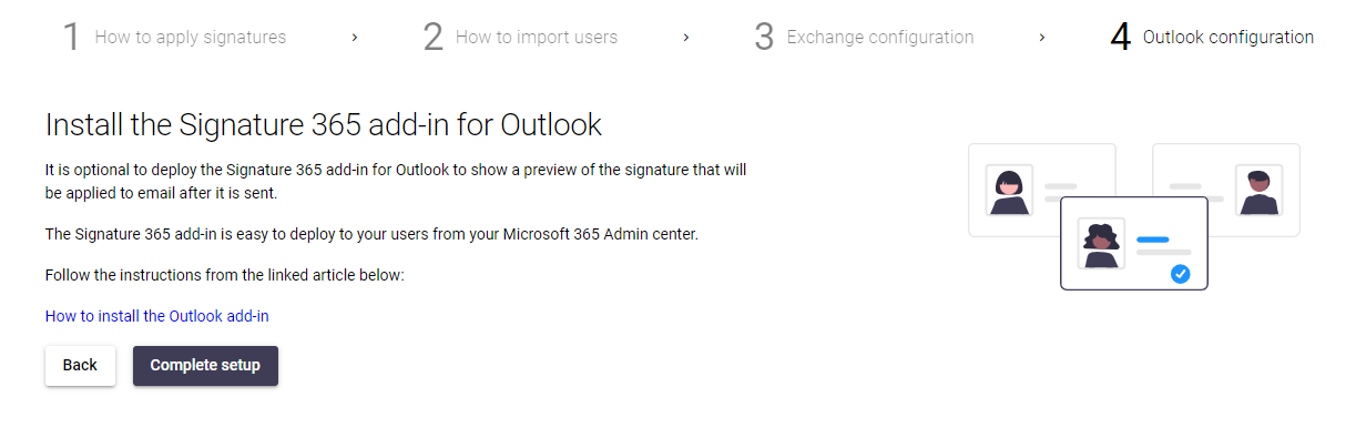 Setup wizard page with instructions for installing the Signature 365 Outlook add-in