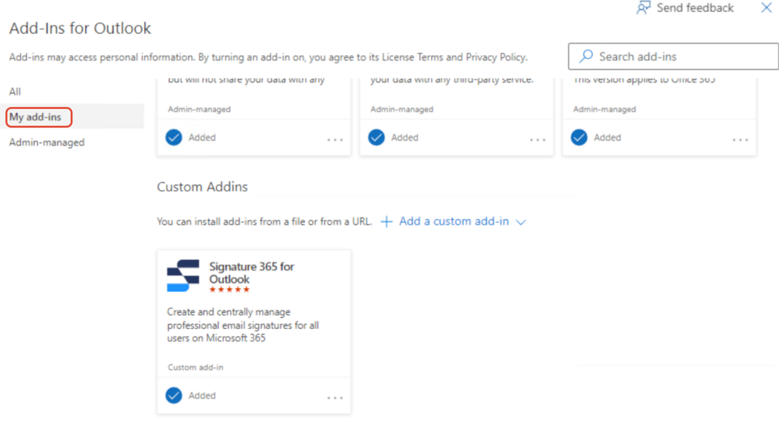 Outlook My add-ins page showing the Custom Addins section