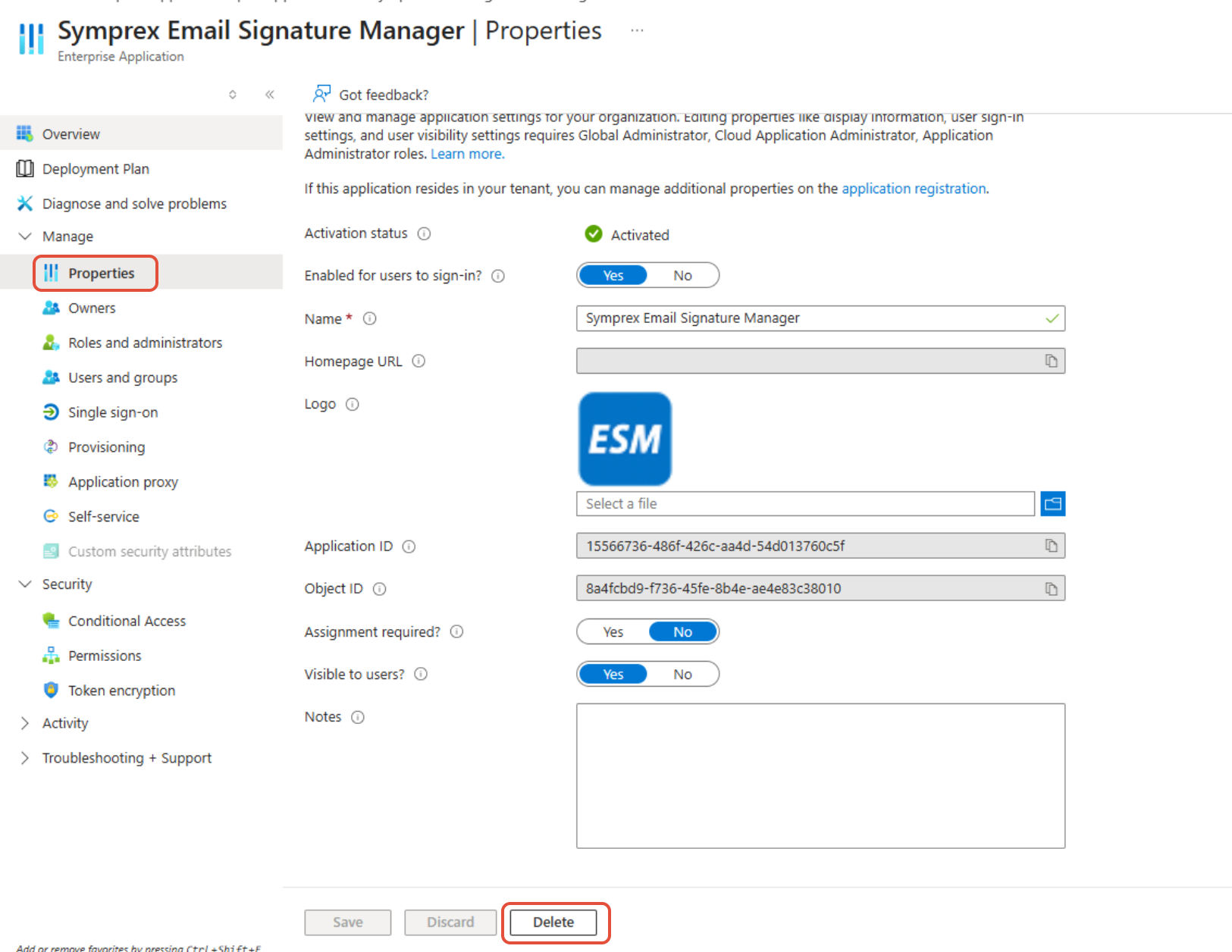 Entra ID application Properties page with Delete option highlighted