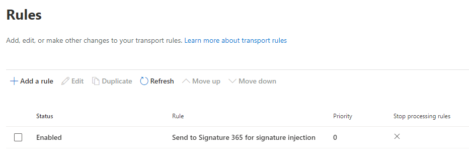 Transport rules list with Send to Signature 365 for signature injection rule