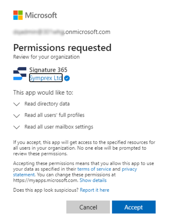 Microsoft 365 permissions review dialog with Accept button