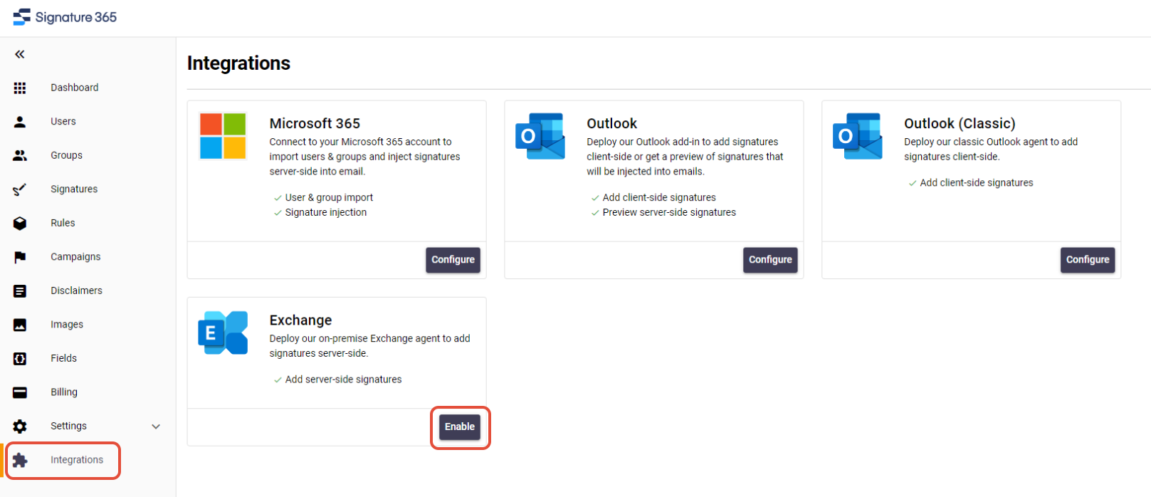 Integrations page with Exchange Agent Enable button