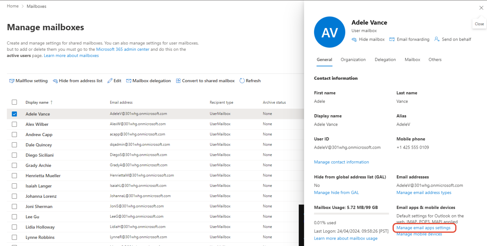 Exchange admin center mailbox flyout panel showing the Manage email apps settings link